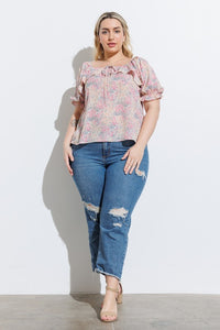 BLUE + PINK FLORAL RUFFLE TIE TOP | 1XL-3XL