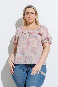 BLUE + PINK FLORAL RUFFLE TIE TOP | 1XL-3XL