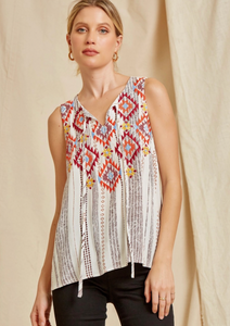 SOUTHWEST EMBROIDERED TANK TOP WITH TIE NECKLINE | S-3XL