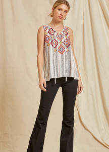 SOUTHWEST EMBROIDERED TANK TOP WITH TIE NECKLINE | S-3XL