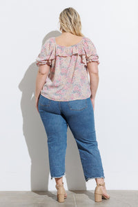 BLUE + PINK FLORAL RUFFLE TIE TOP | 1XL-3XL