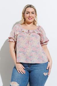 BLUE + PINK FLORAL RUFFLE TIE TOP | 1XL-3XL