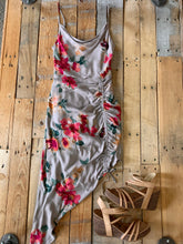 Load image into Gallery viewer, GREY FLORAL RUCHED ASYMMETRICAL DRESS