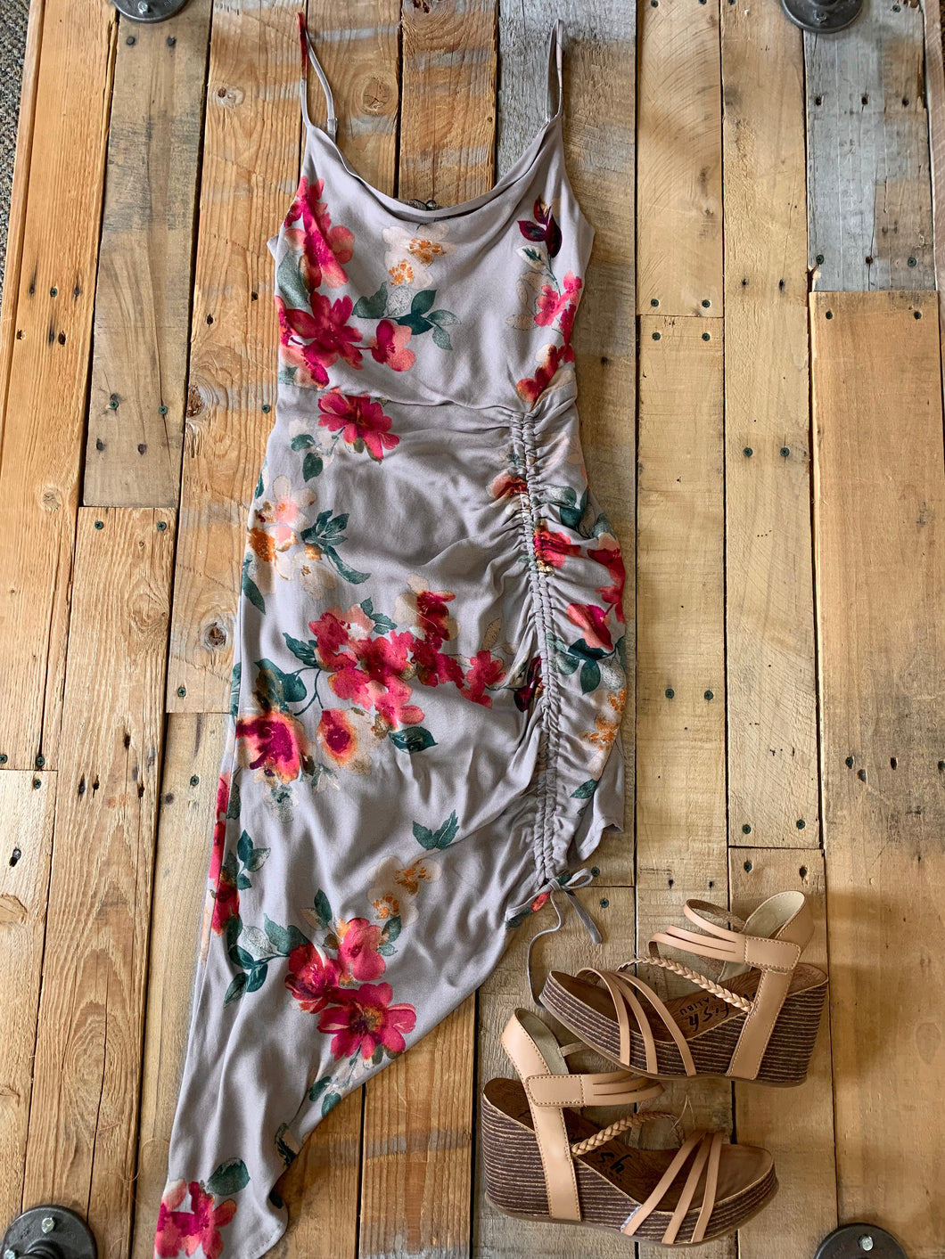 GREY FLORAL RUCHED ASYMMETRICAL DRESS