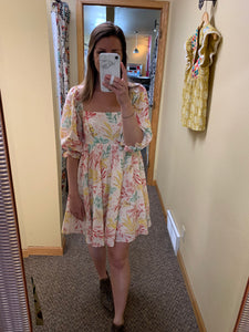 PINK, YELLOW, GREEN + CREAM FLORAL DRESS