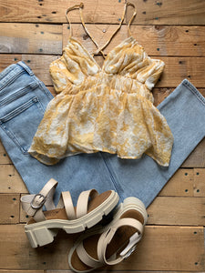 mustard floral delicate tank with cross-cross back